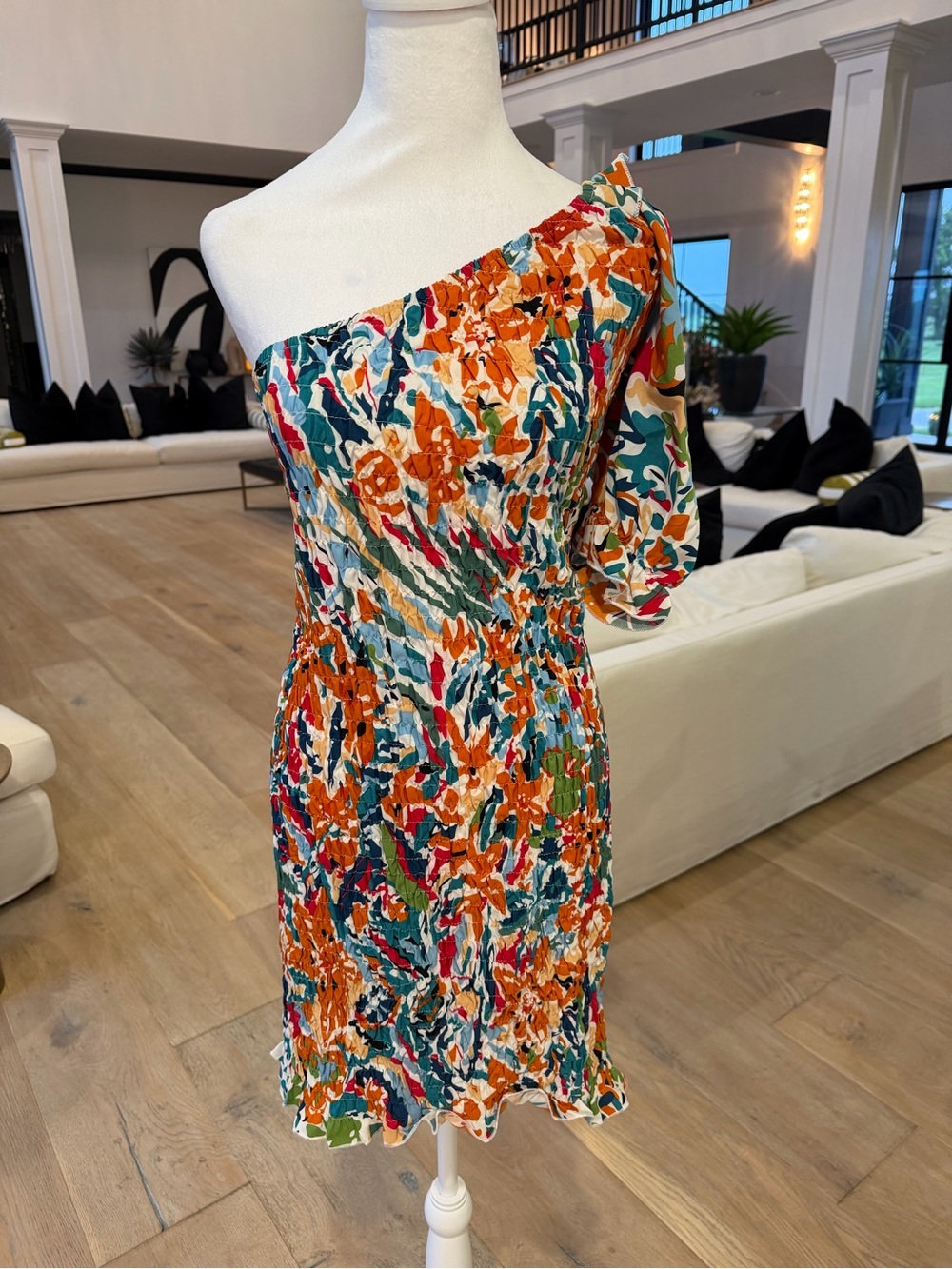 One-Shoulder Floral Dress in Orange & Teal